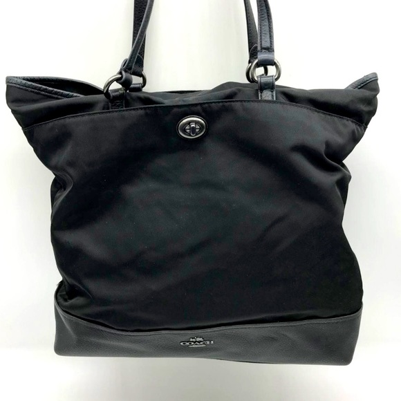 Coach Tote Black Nylon and leather bottom & straps, silver hardware 16”x11”x14” - Picture 1 of 8